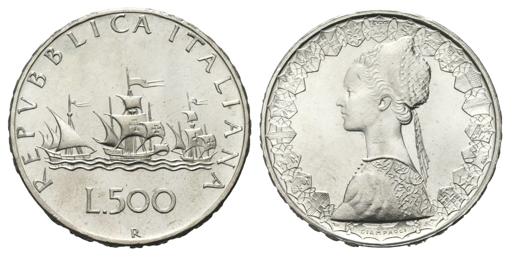 500 Lire argento Valore 500 lire Caravelle, 1961, Vele al contrario e Carta 500 Lire argento Valore 500 lire Caravelle, 1961, Vele al contrario e Carta
